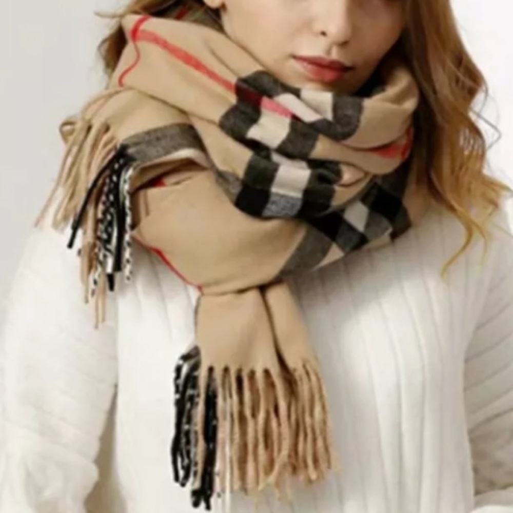 NEW Beige Classic Plaid Giant Check Scarf - Picture 5 of 8